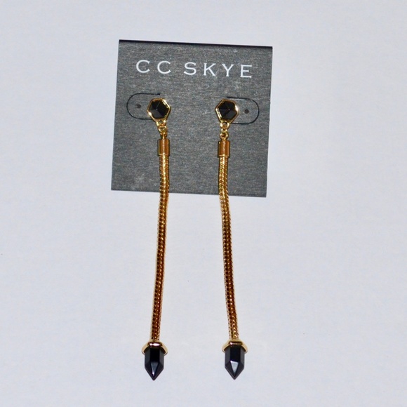 NWT CC SKYE GOLD GEO BLACK ONYX DAGGER LONG GOLD CHAIN EARRINGS. - Picture 5 of 7